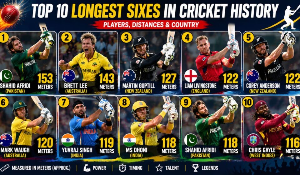 longest six in cricket history